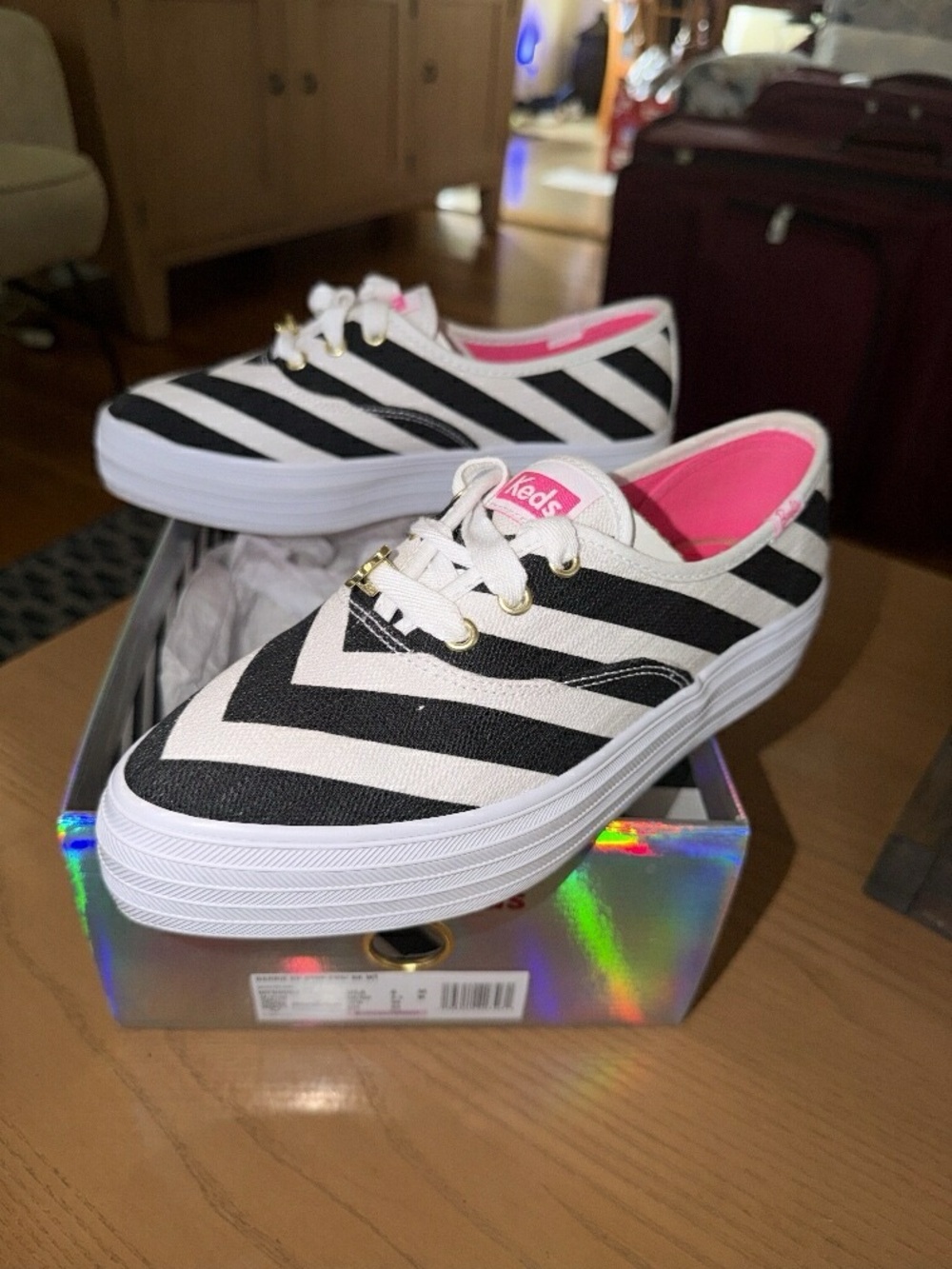 Keds Black & White Striped Platform Sneakers with Pink Lining